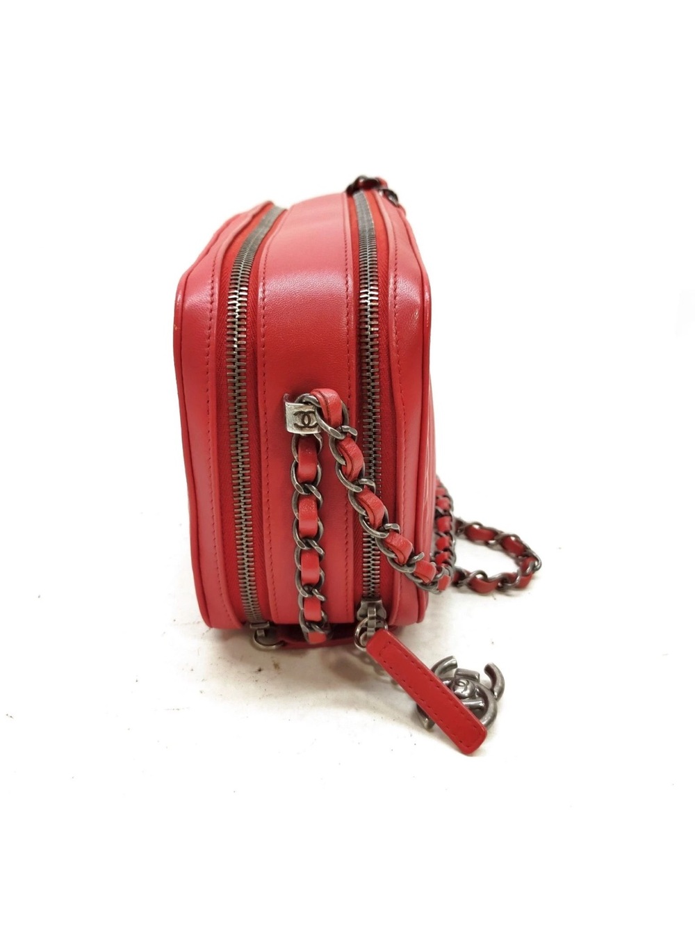 Chanel Boy Camera Bag Red Chevron Quilted Calfskin Double Zip Ruthenium - Picture 4 of 13